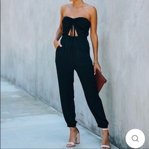 Black Front Cut-Out Strapless Jogger Jumpsuit